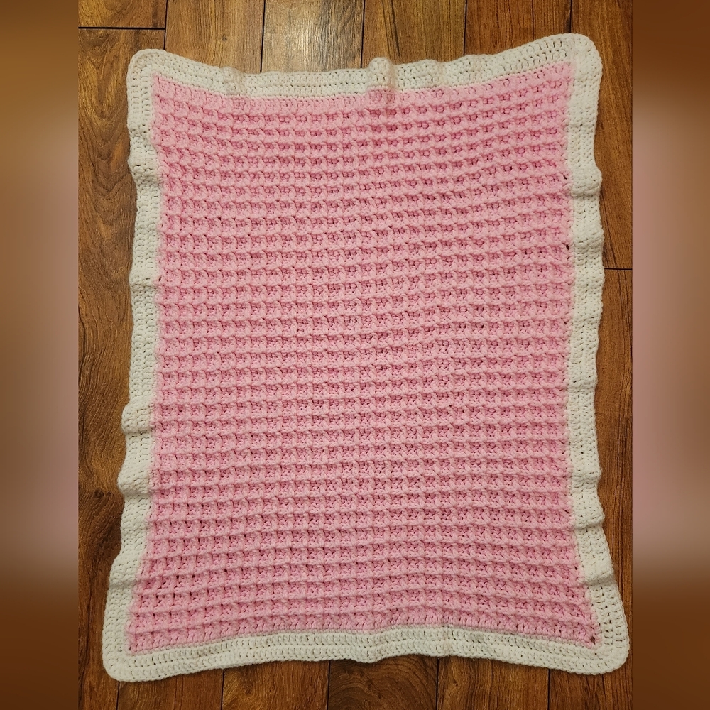 Handmade Pink and White Crochet Baby Blanket 27" X 36"